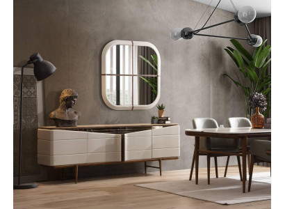 Esszimmer Set Beige Anrichte Rechteckiger Spiegel Luxuriöse Holz Möbel