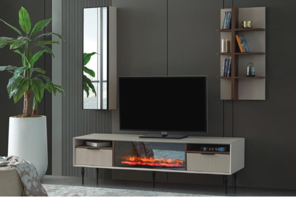 Beige Wohnwand Designer TV-Schrank Wandregal Luxus Holz Regal 3tlg Set