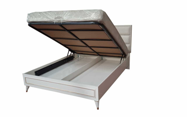 Weiße Schlafzimmer Garnitur Polster Doppelbett 2x Holz Nachttische 3tlg