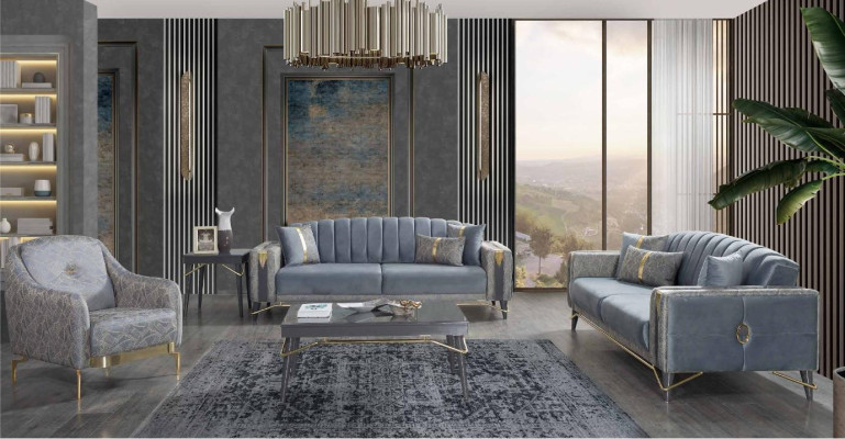 Luxuriöse Graue Chesterfield Polster Sofagarnitur Wohnzimmer 3-Sitzer Textil Sessel