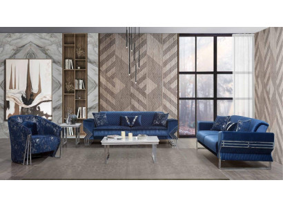 Wohnzimmer Blaue Couchgarnitur Designer Dreisitzer Sessel Couchtisch