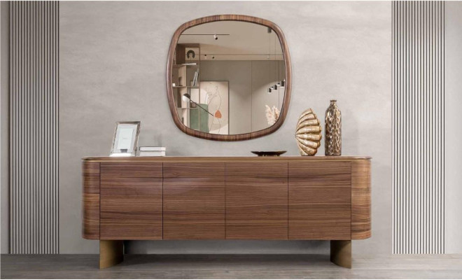 Moderne Braune Kommode 4-türiges Sideboard Designer Anrichte Spiegel