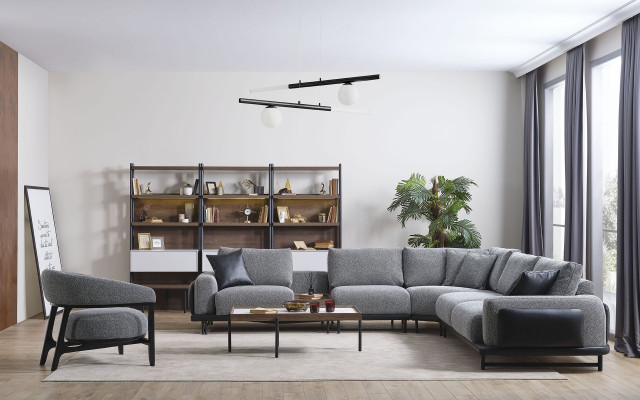 Graues Polster Ecksofa Designer Textil Sessel Wohnzimmer Luxus Garnitur