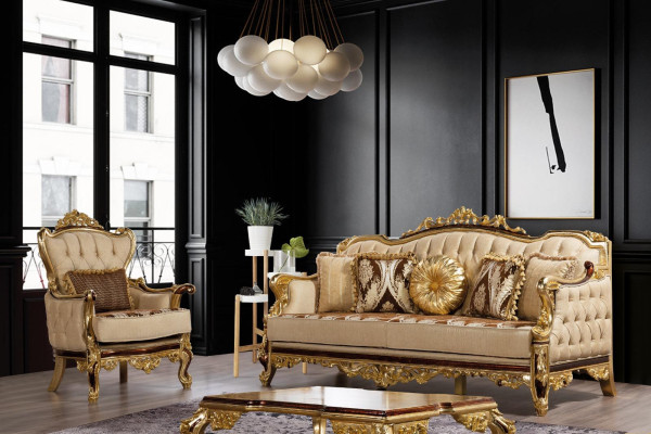 Chesterfield Couch Barock Dreisitzer Möbel Sofa Couchen Stoff Gold