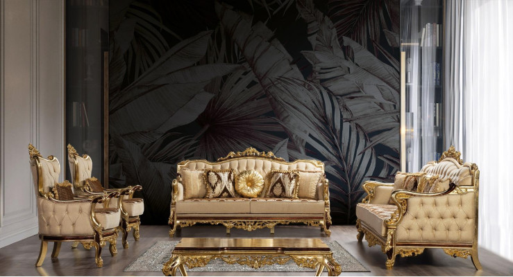 Chesterfield Couch Barock Dreisitzer Möbel Sofa Couchen Stoff Gold
