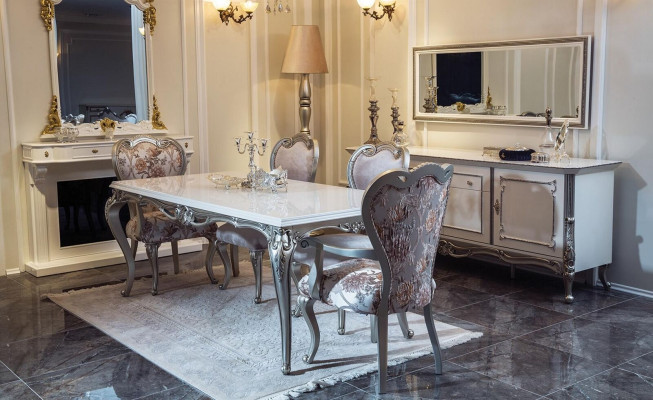 Klassischer Esstisch Silberne Tische Barock Rokoko Tisch Esszimmer Möbel Weiß