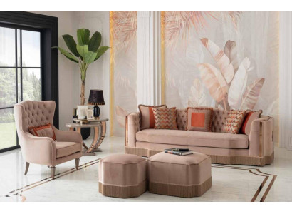 Luxus Wohnzimmer Schiker Sofa 4 Sitzer Sessel mit 2x Hocker Stilvolle Möbel