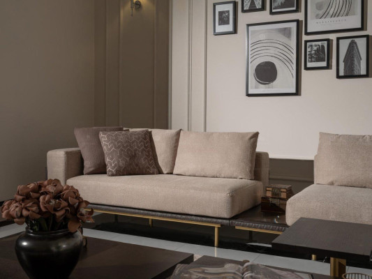 Wohnzimmer Gruppe Sofa Couchtische 4tlg Stoffsofa Beige Holz Moderne