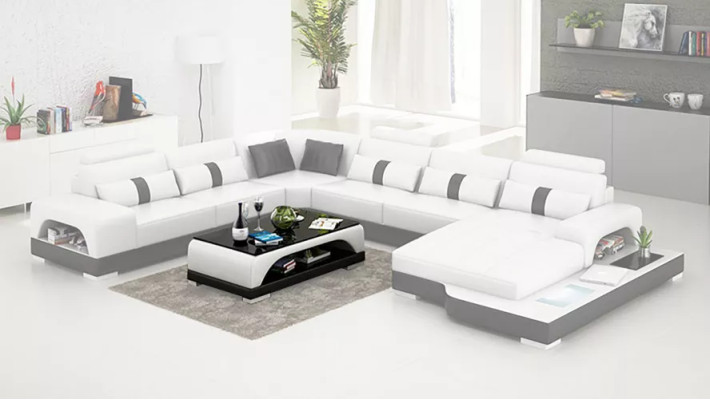 Modernes Sofa Ecksofa UForm Couchtisch Ledersofa Ecksofa Polster Orange Luxus
