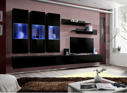 Set 7 tlg Wohnwand Holzmöbel 2x TV Ständer Moderne Wand Regale Schwarz