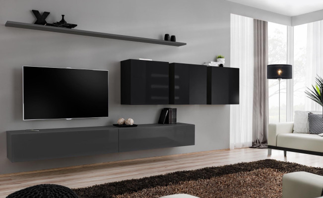 Wohnwand Grau Komplett 7tlg Designer Holzmöbel Sideboard Wandschrank Wand Regal