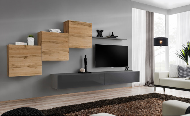 Designer Wohnzimmermöbel Wohnwand Grau TV Ständer Moderne Sideboard Wandregal