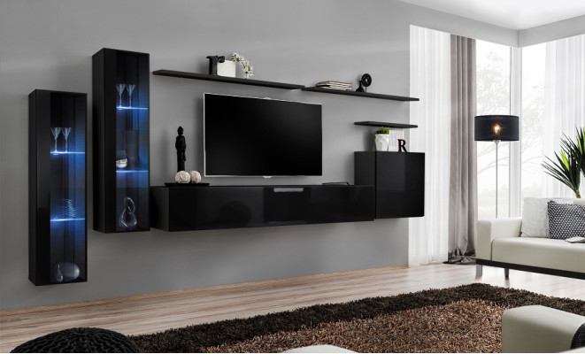 Schwarz Wohnwand Garnitur Wohnzimmer Wandregal Luxus Vitrine Komplett Set