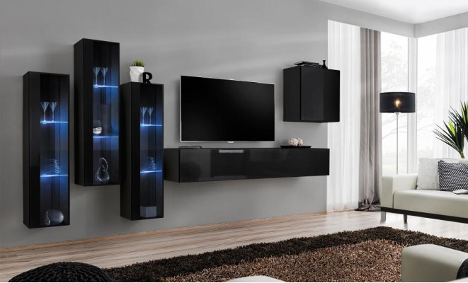 Schwarz Wohnwand Wohnzimmer Set Vitrine Schrank Wandregal 5tlg. Einrichtung