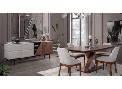 Braun-Graue Esszimmer Garnitur Esstisch 4x Stühle Kommode Spiegel 7tlg
