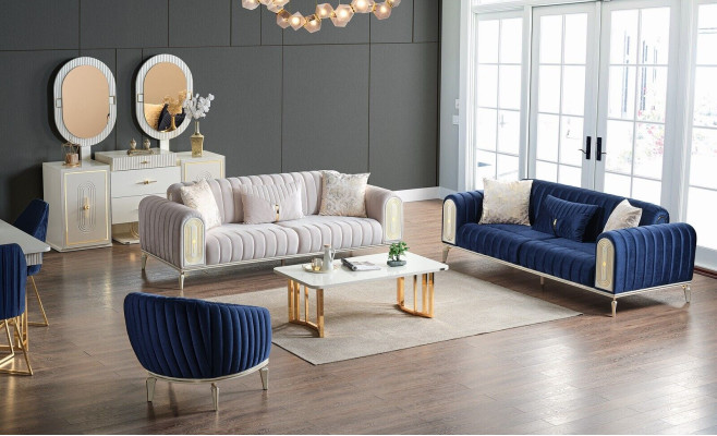 Sofagarnitur 3+3+1 Sitzer Wohnzimmer Set Komplett Textil Sofa Sessel Holz Blau