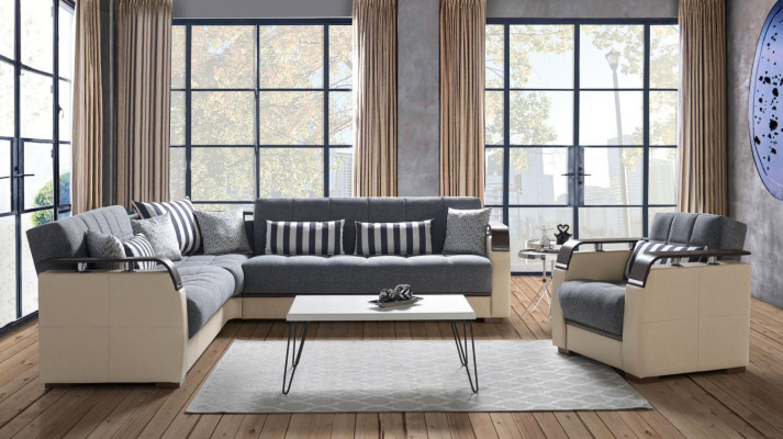 Ecksofa L-Form + Sessel Grau Komplett Wohnzimmer Set 2tlg. Luxus Möbel