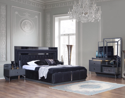 Komplettes Schwarzes Schlafzimmer Set Luxus Doppelbett Nachttische 4tlg