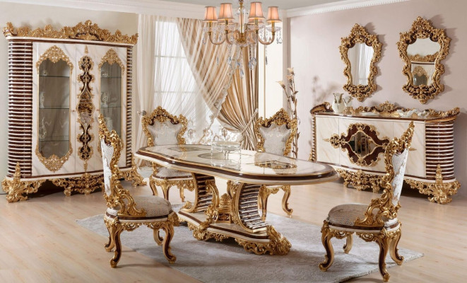Goldene Klassische Esszimmer Garnitur Esstisch 6x Stühle Kommode Spiegel