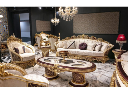 Weiß-Goldene Sofagarnitur Chesterfield 3+1 Sitzer Couchtisch Set 3tlg Sofa