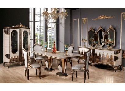 Klassische Weiß-Goldene Esszimmer Garnitur Esstisch 6x Stühle Kommode