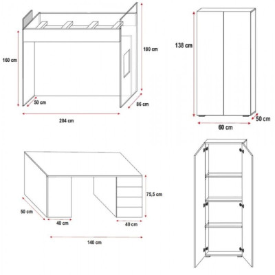 Weiß Doppelstockbett Holz Etagen Bett Mädchen Hochglanz Schreibtisch Schrank Neu