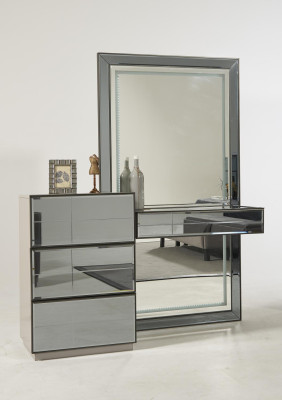 Luxus Glas Schlafzimmer Bett Nachttisch Eckschrank Kommod Spiegel Hocker Grau