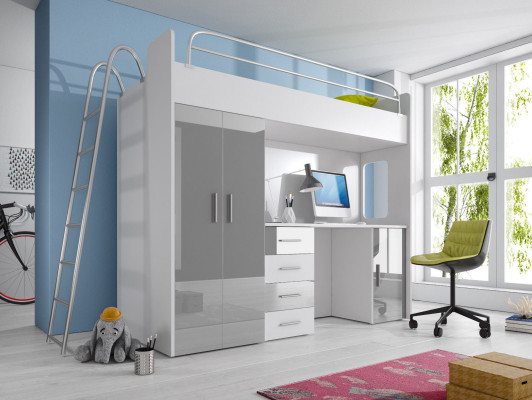 DOPPELSTOCKBETT STOCKBETT ETAGENBETT MIT SCHREIBTISCH+KLEIDERSCHRANK-RAJ 4D WEIß