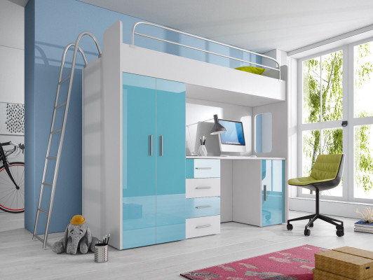 DOPPELSTOCKBETT STOCKBETT ETAGENBETT MIT SCHREIBTISCH+KLEIDERSCHRANK-RAJ 4D WEIß
