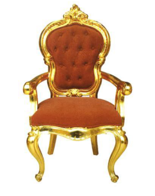Eleganter Barockstuhl in original orangefarbenem Farbton mit glänzenden goldfarbenen Stützen 