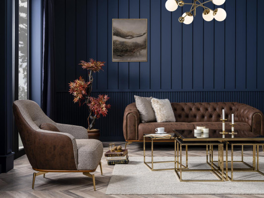 Chesterfield Viersitzer Sofa 4 Sitzer Sitz Polyester Braun Kunstleder
