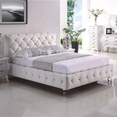 Weißes Polster Chesterfield Doppelbett Textil Schlafzimmer Möbel