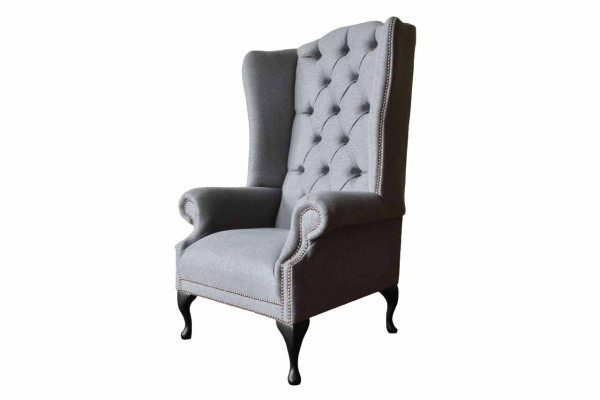 Ohrensessel Chesterfield Sofa Couch Polster 1 Sitzer Grau Sessel Textil