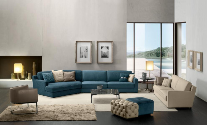 Design Sofa L Form Polster Couch Wohnzimmer Möbel Ecksofa Textil Blau