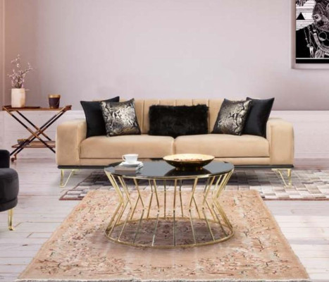 Sofagarnitur Schwarz Sofa 3+3+1 Sitzer Sessel Elegantes Metall Samt