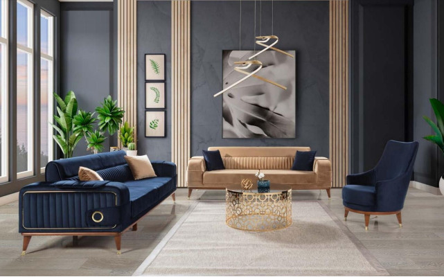 Moderner Sessel Wohnzimmer 1 Sitzer Designer Lounge Farbe blau Holz