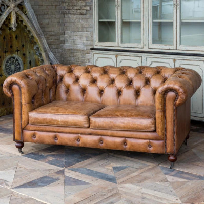 Mens Club Couch  Chesterfield Sofa Leder Polster 2 Sitzer Braun NEW jvmoebel ®