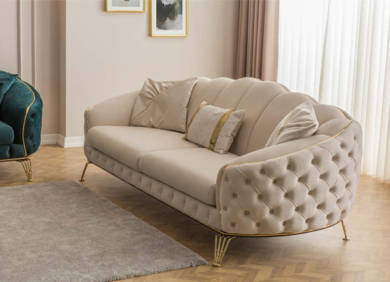 Modern Beige Wohnzimmer Set  Sofa 3 Sitzer Sessel Textil Sessel Wohnzimmer