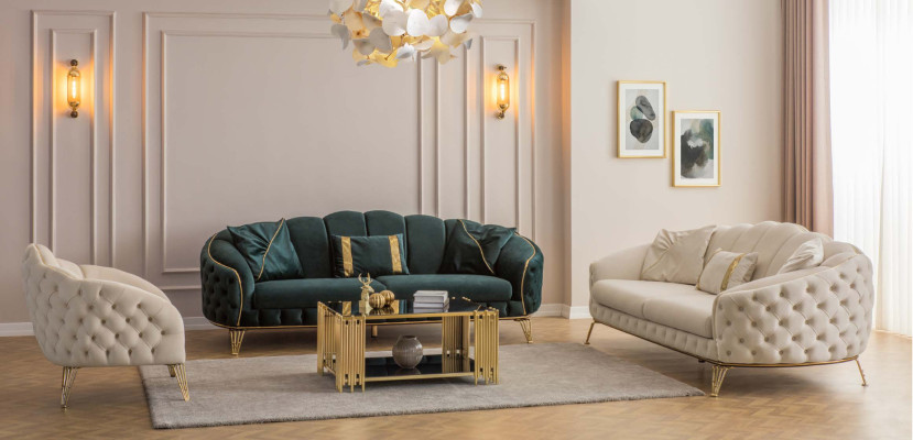Modern Beige Wohnzimmer Set  Sofa 3 Sitzer Sessel Textil Sessel Wohnzimmer