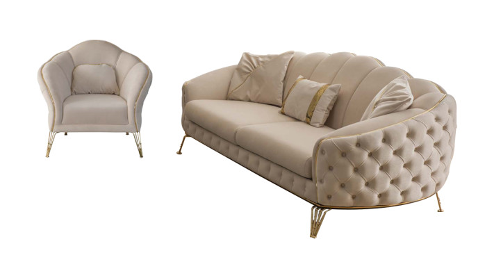 Modern Beige Wohnzimmer Set  Sofa 3 Sitzer Sessel Textil Sessel Wohnzimmer