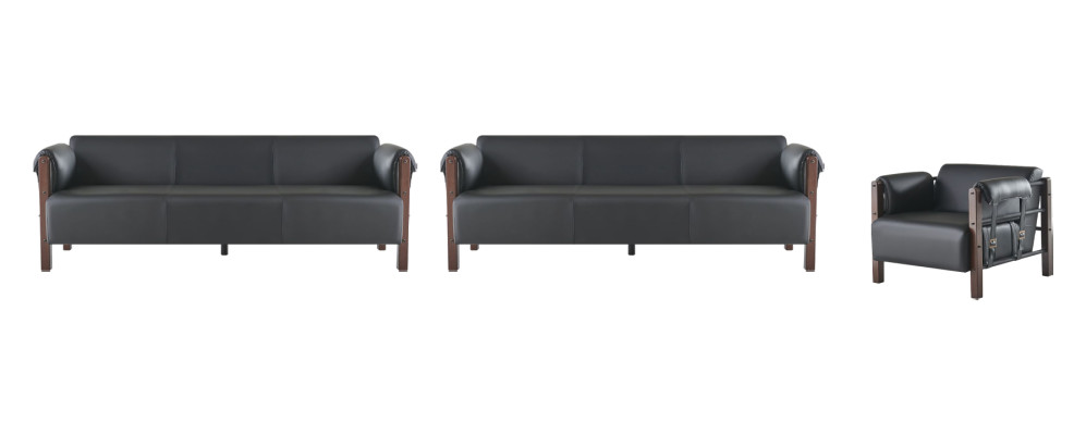Sofagarnituren Sofa-Set 3-Sitzer Sessel Schwarz Holz Sofas Ledersofas