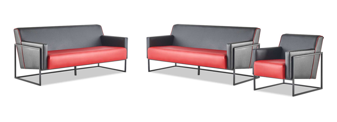 Lederosofas Schwarz Rot Zweifarbig Leder Set 3-Sitzer Sessel Modern