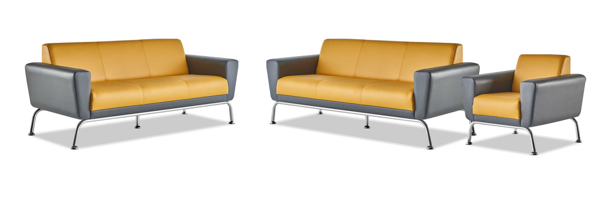 Ledersofa Leder Edelstahl Modern Gelb Grau 3-Sitzer Sessel Sofa-Set