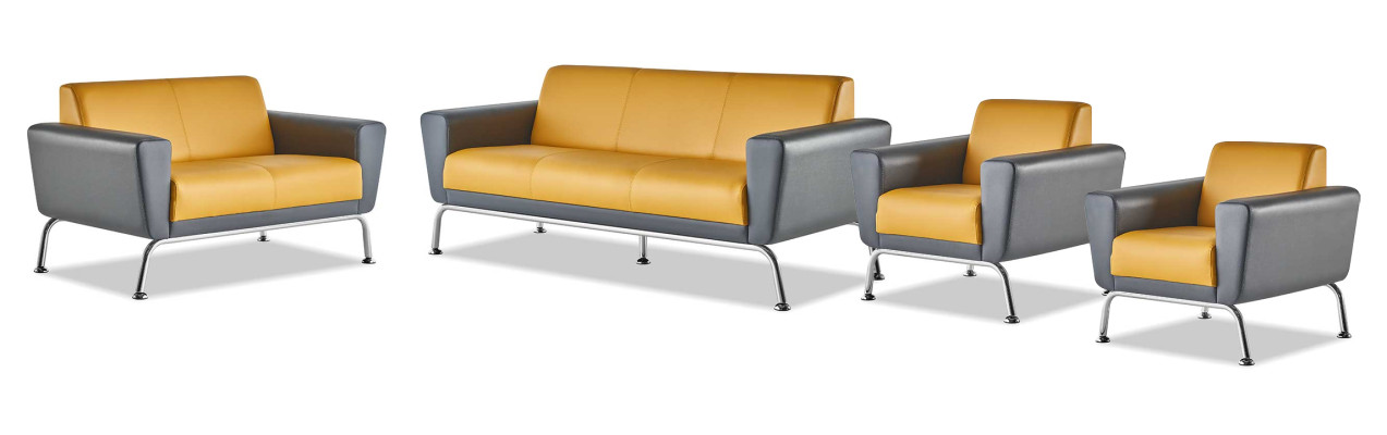 Sofa-Set 3-Sitzer 2-Sitzer Sessel Gelb Grau Edelstahl Leder Holz Modern