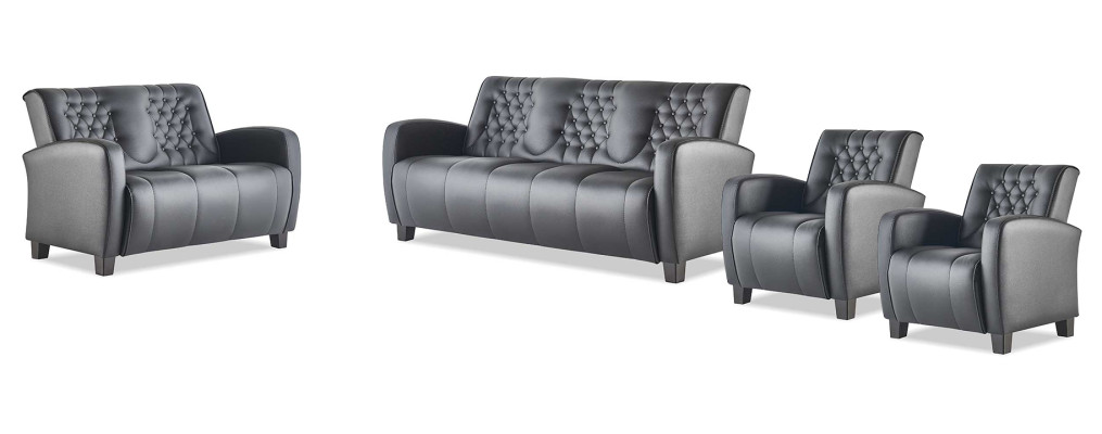 Sofas Schwaz Komplett-Set 3-Sitzer 2-Sitzer Sessel Leder Knöpfe Couch