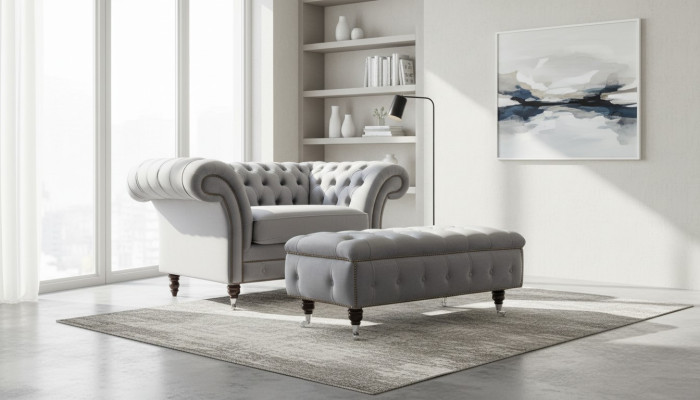 Chesterfield Hocker Fuß Sessel Polster Ottoman Beistell Relax Textil Leder Neu