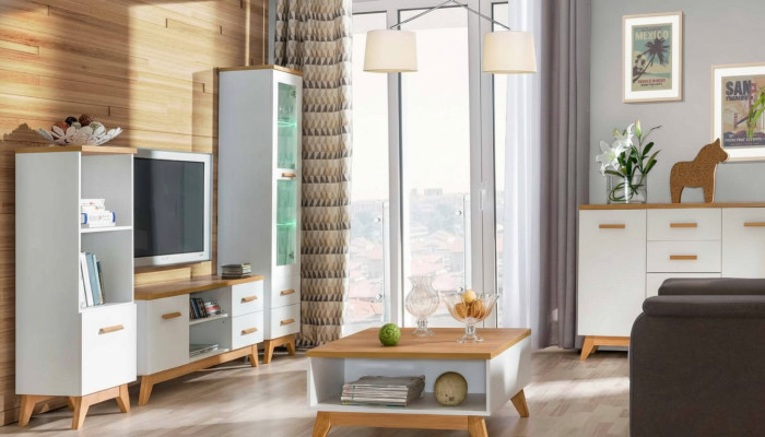 Wohnwand Wohnzimmer-Set Vitrine Lowboard Wandregal TV Tisch 5 tlgs