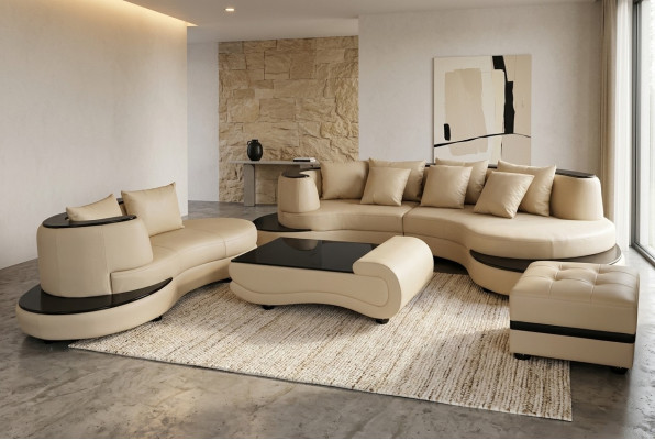 Luxus Wohn Eck Leder Garnitur Landschaft Polster XXL Big Sofa U Form + Chaise + Tisch