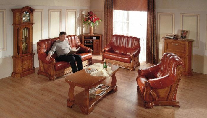 Wohnzimmer Sofagarnitur Couch Polster Sitz Sofa Leder Holz 3+2+1 Set