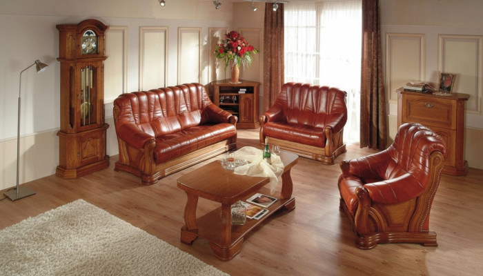 Wohnzimmer Sofagarnitur Couch Polster Sitz Sofa Leder Holz 3+2+1 Set